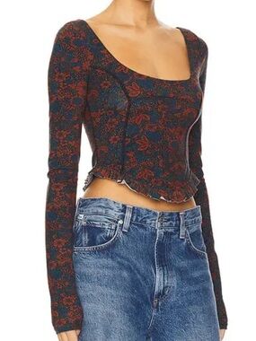 Free People Melanie Long Sleeve Floral Crop Top Criss Cross Night Combo Small